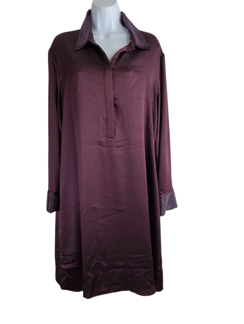 Chicos Womens Beaded Long Sleeve Satin Shirt Dress Plum Size 3 US 16 Flaw
